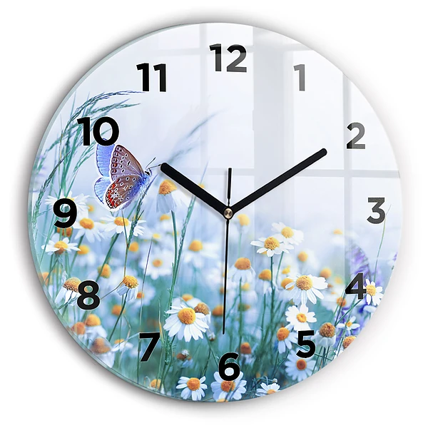 Wanduhr glas rund Schmetterling auf einer Wiese