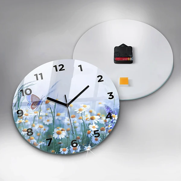 Wanduhr glas rund Schmetterling auf einer Wiese
