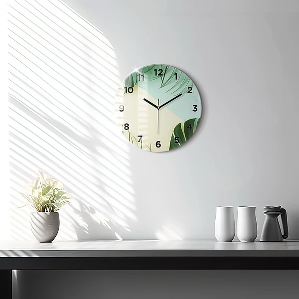 Wanduhr rund Monstera-Blätter