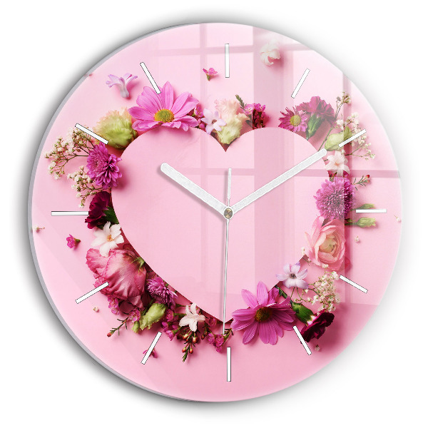 Wanduhr glas rund Herz aus Blumen