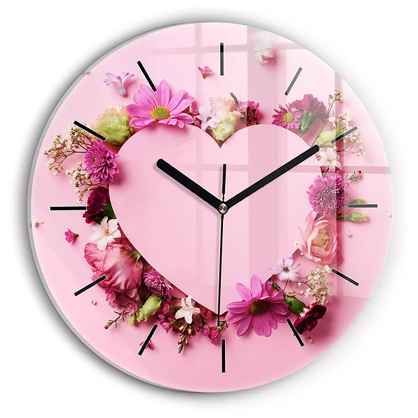 Wanduhr glas rund Herz aus Blumen