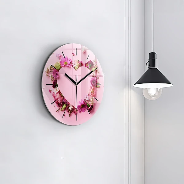 Wanduhr glas rund Herz aus Blumen