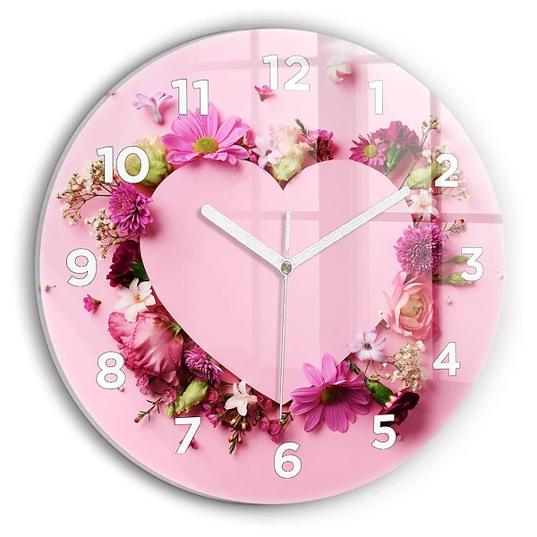 Wanduhr glas rund Herz aus Blumen