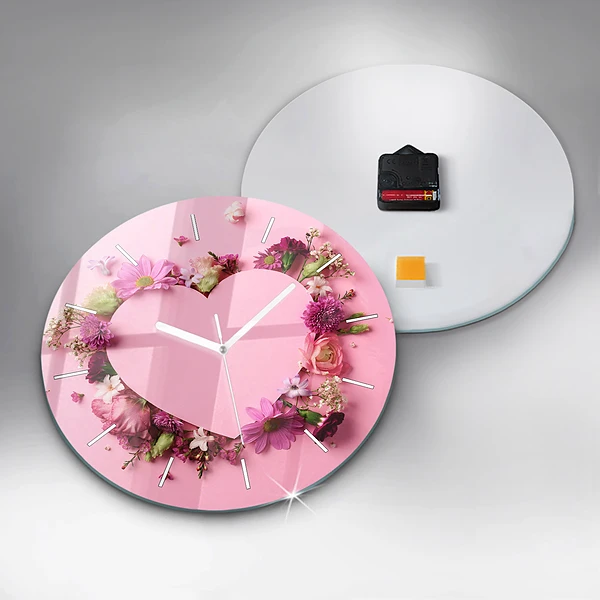 Wanduhr glas rund Herz aus Blumen
