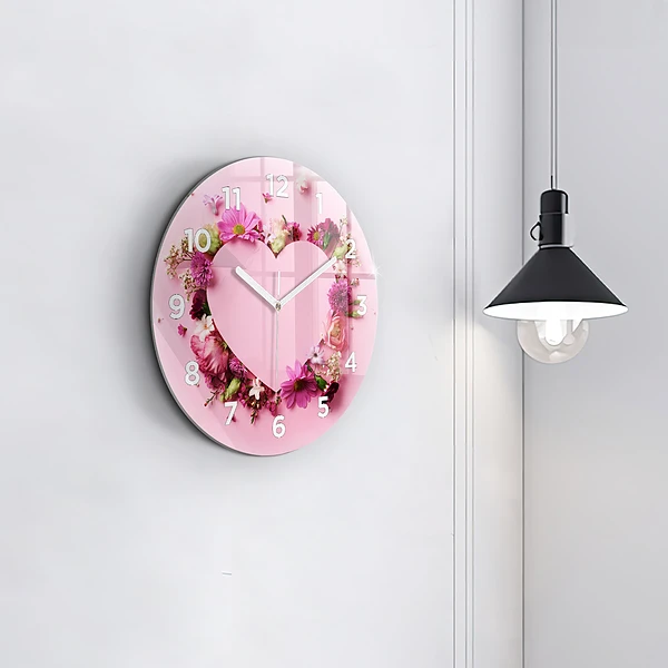 Wanduhr glas rund Herz aus Blumen