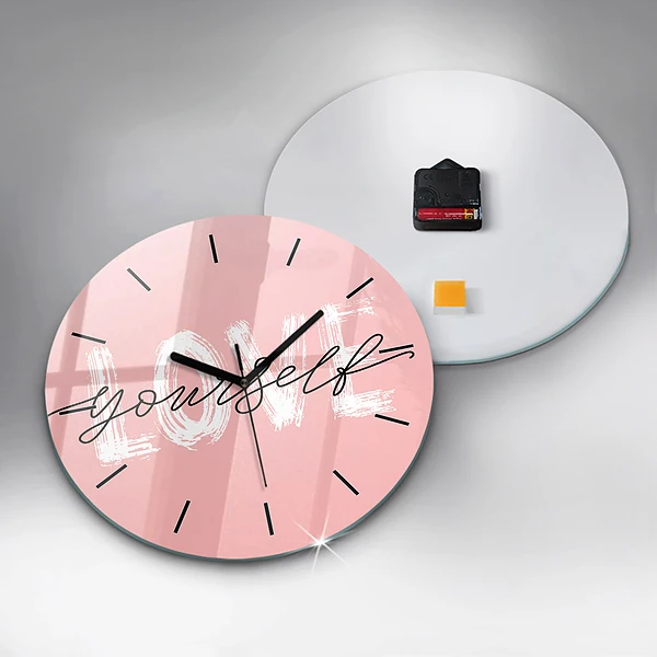 Wanduhr glas rund Liebe dich selbst Inschrift
