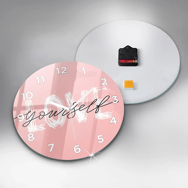 Wanduhr glas rund Liebe dich selbst Inschrift