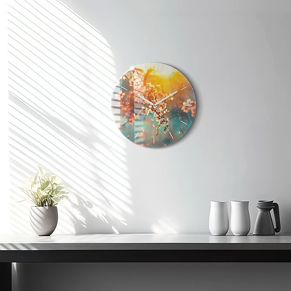 Wanduhr rund Frühlingsblumen