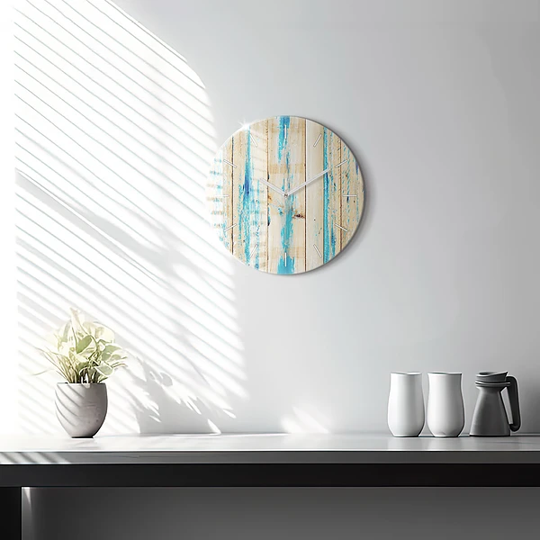 Wanduhr glas rund Zerkratztes Holz