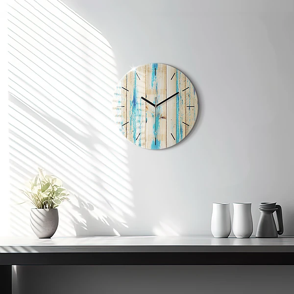 Wanduhr glas rund Zerkratztes Holz