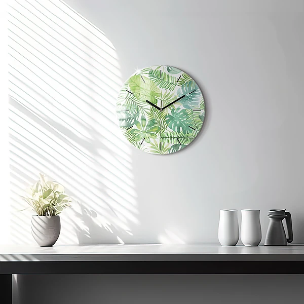 Wanduhr rund mit motiv Grüne Blätter