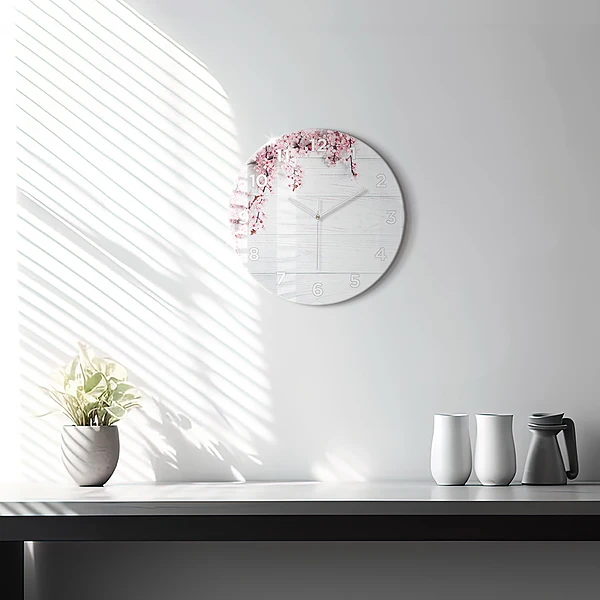 Wanduhr glas rund Frühlingsblumen