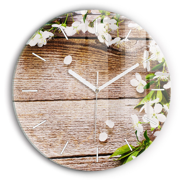Wanduhr glas rund Blumen auf Holz