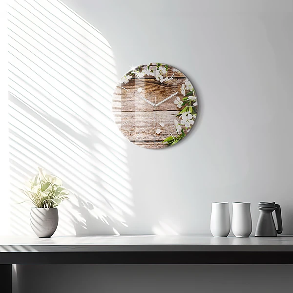 Wanduhr glas rund Blumen auf Holz
