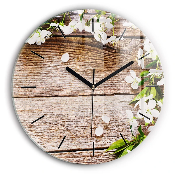 Wanduhr glas rund Blumen auf Holz