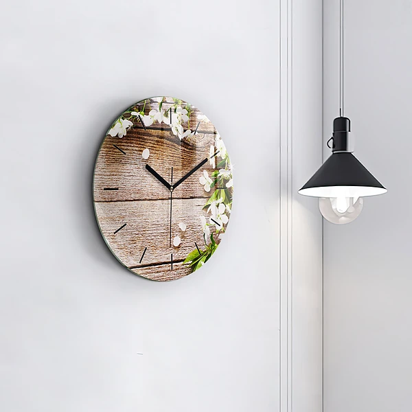 Wanduhr glas rund Blumen auf Holz