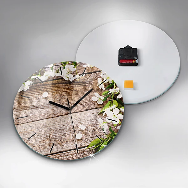 Wanduhr glas rund Blumen auf Holz