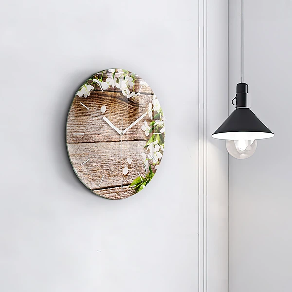 Wanduhr glas rund Blumen auf Holz