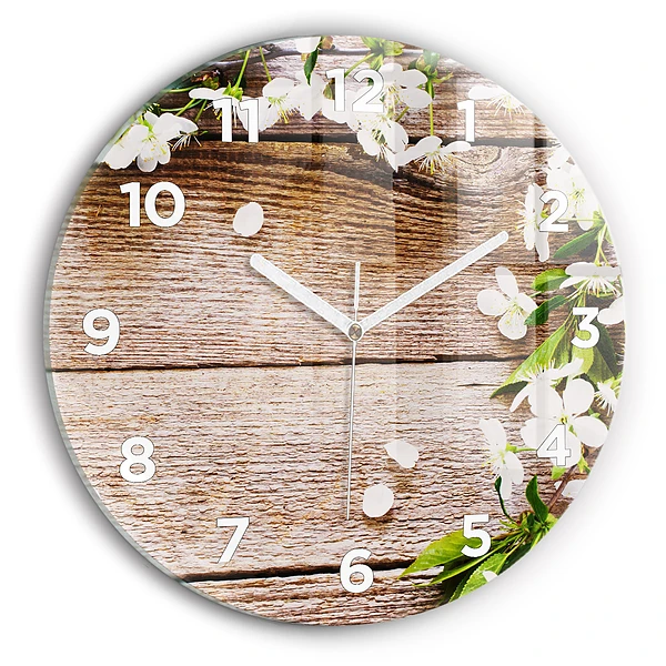 Wanduhr glas rund Blumen auf Holz