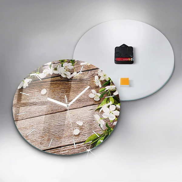 Wanduhr glas rund Blumen auf Holz