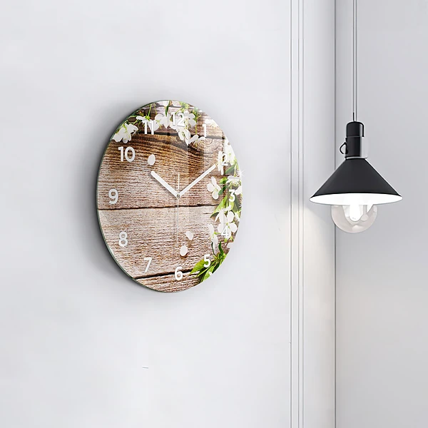 Wanduhr glas rund Blumen auf Holz