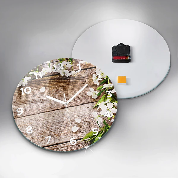 Wanduhr glas rund Blumen auf Holz