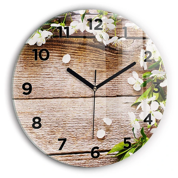 Wanduhr glas rund Blumen auf Holz