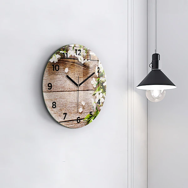 Wanduhr glas rund Blumen auf Holz