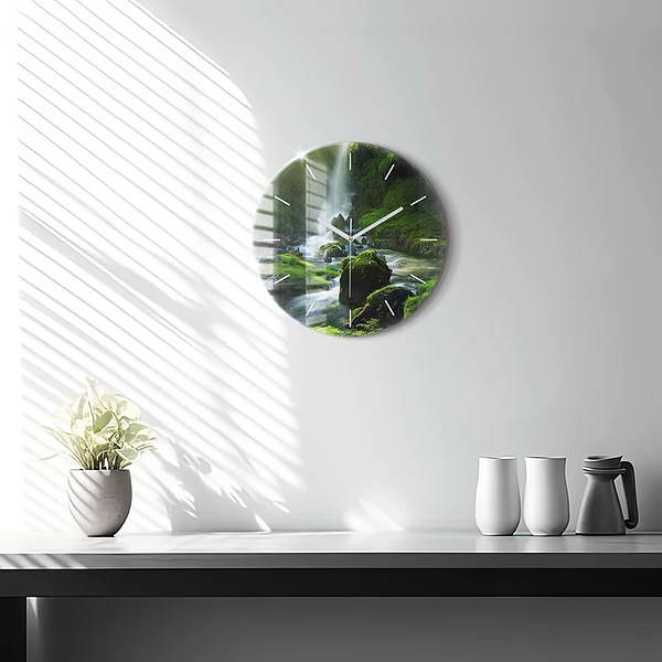 Wanduhr glas rund Wasserfall und Felsen