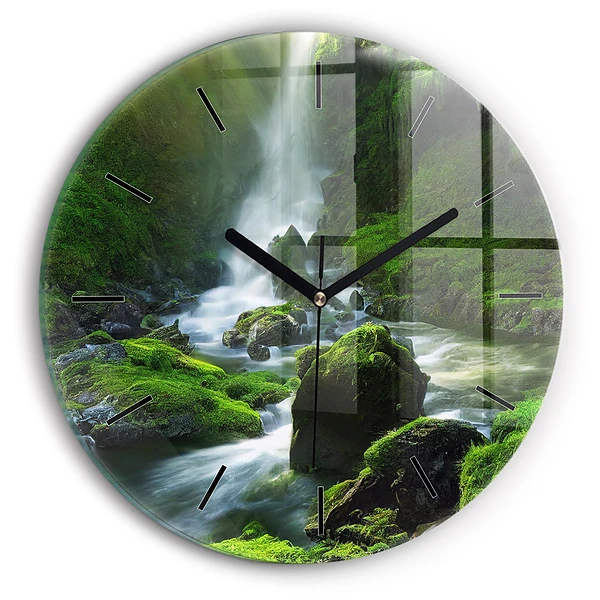 Wanduhr glas rund Wasserfall und Felsen