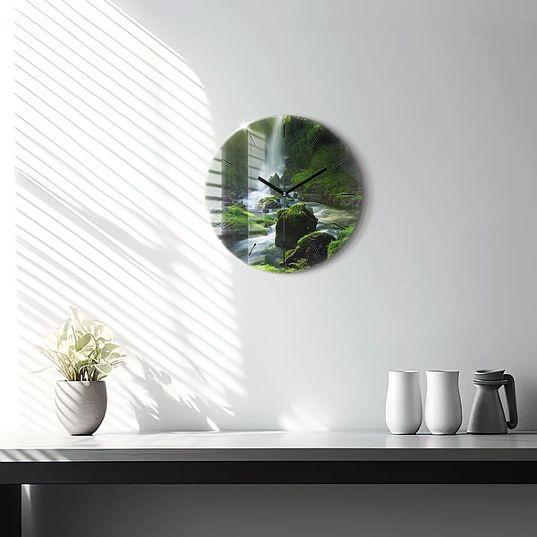 Wanduhr glas rund Wasserfall und Felsen