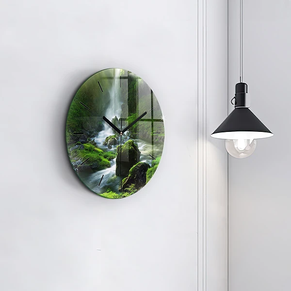 Wanduhr glas rund Wasserfall und Felsen