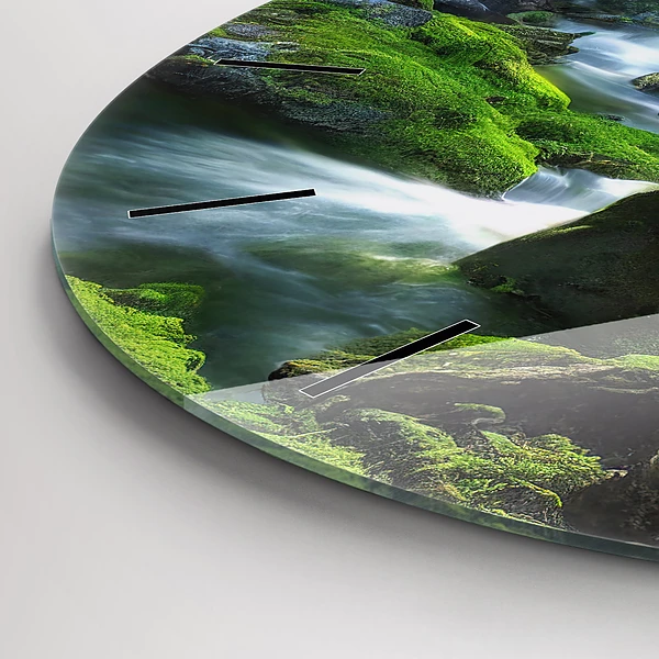 Wanduhr glas rund Wasserfall und Felsen