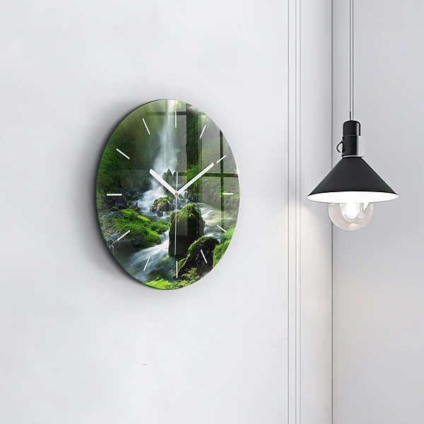 Wanduhr glas rund Wasserfall und Felsen