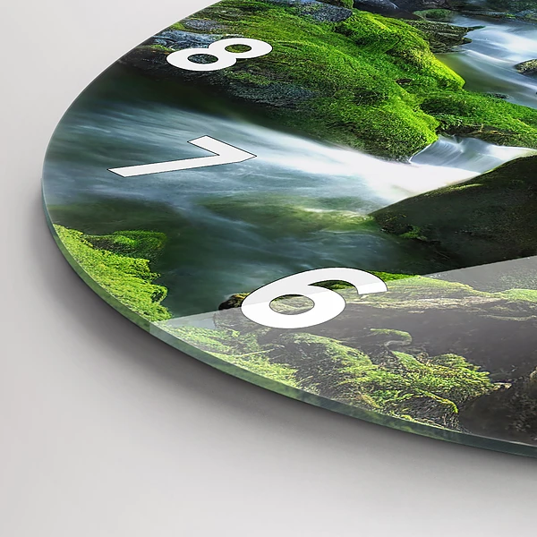 Wanduhr glas rund Wasserfall und Felsen