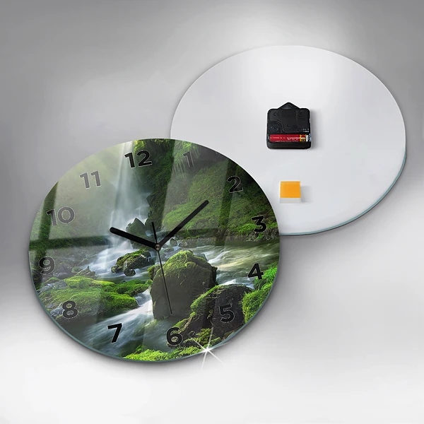 Wanduhr glas rund Wasserfall und Felsen