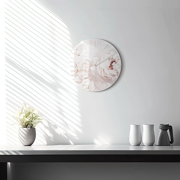 Wanduhr glas rund Pfingstrosenblüten