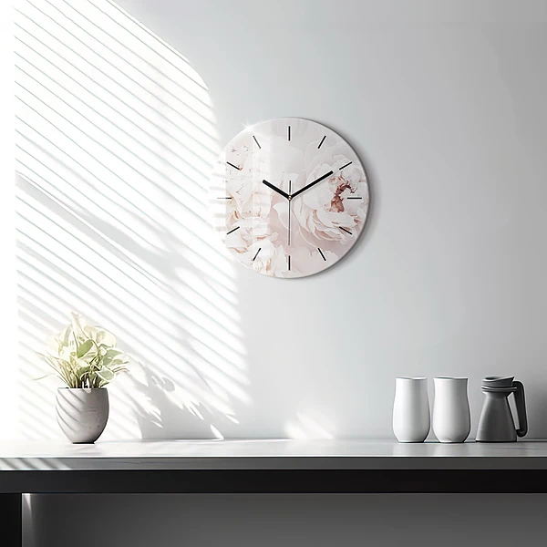Wanduhr glas rund Pfingstrosenblüten