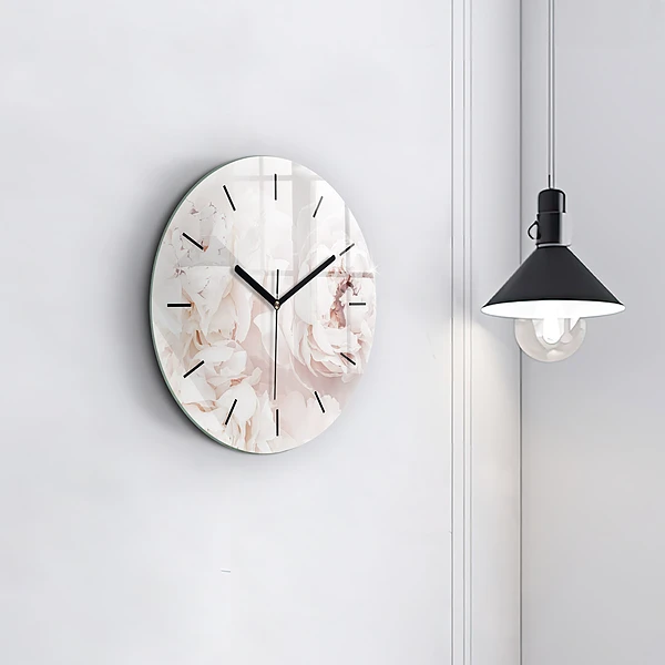 Wanduhr glas rund Pfingstrosenblüten