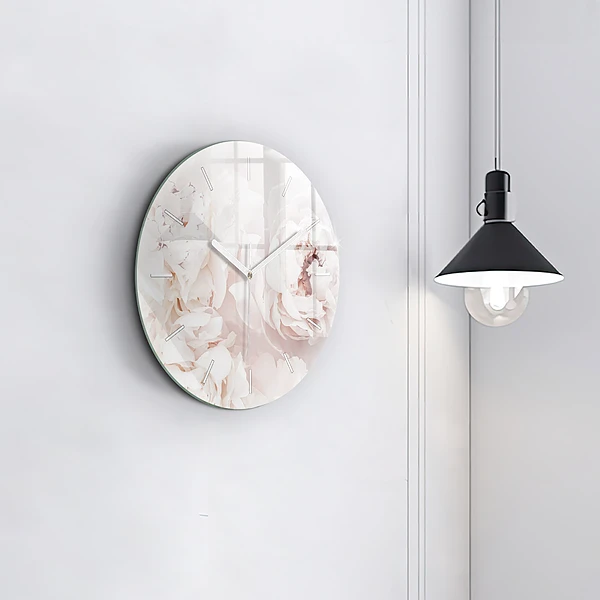 Wanduhr glas rund Pfingstrosenblüten