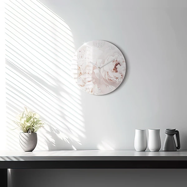 Wanduhr glas rund Pfingstrosenblüten