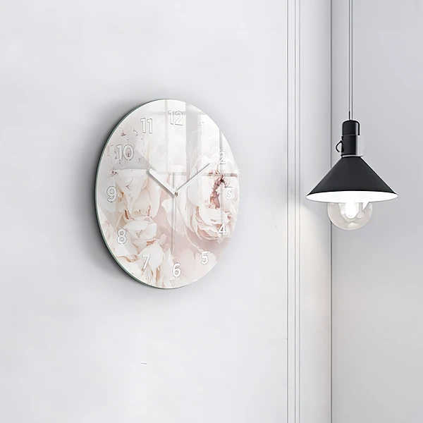 Wanduhr glas rund Pfingstrosenblüten