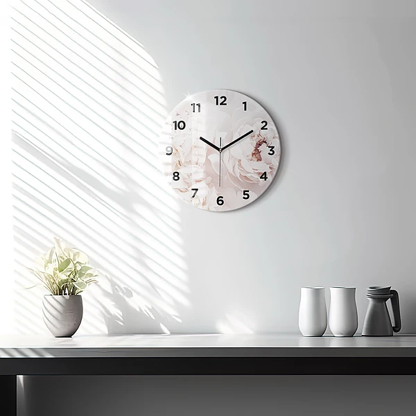 Wanduhr glas rund Pfingstrosenblüten