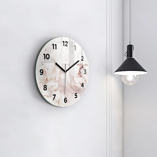 Wanduhr glas rund Pfingstrosenblüten