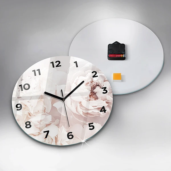Wanduhr glas rund Pfingstrosenblüten