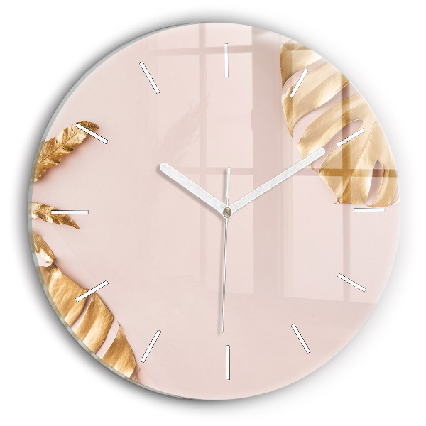 Wanduhr glas rund Goldene tropische Blätter