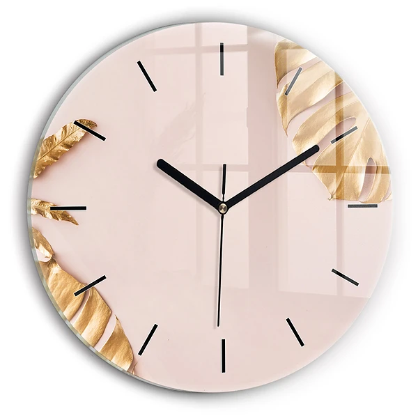 Wanduhr glas rund Goldene tropische Blätter