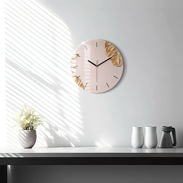 Wanduhr glas rund Goldene tropische Blätter