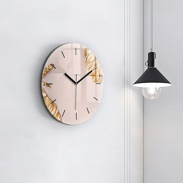 Wanduhr glas rund Goldene tropische Blätter