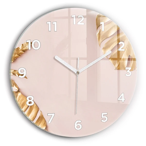 Wanduhr glas rund Goldene tropische Blätter